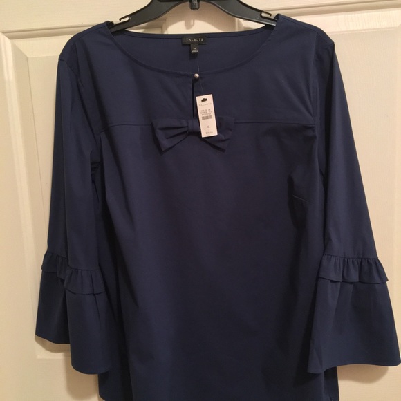 🟡TALBOTS NWT AUTHENTIC NAVY BLUE QUARTER LENGTH RUFFLE SLEEVES BLOUSE - Picture 4 of 8